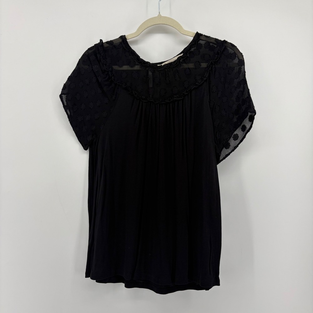 Loft Womens Medium Black Blouse Sheer Mesh Clip Dot‎ Ruffle Short Sleeve Top